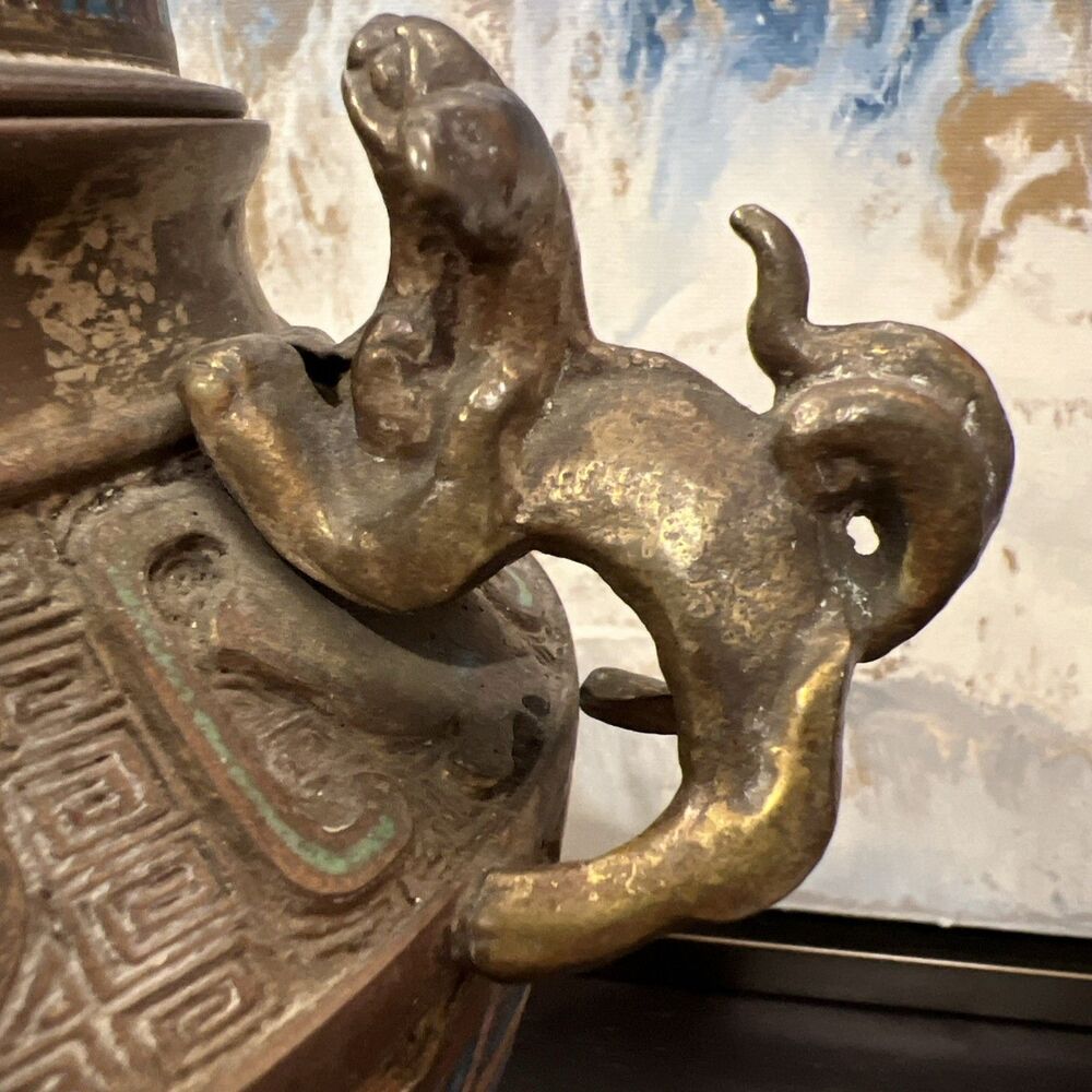 Qianlong Marked Copper Cloisonne Dragon Beast 2 Ear Incense Burner Censer - Picture 3 of 16